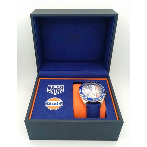 26 - A Tag Heuer Gulf Special Edition Chromograph Quartz Gents Watch. Model - CAZ101N. Blue fabric and le... 