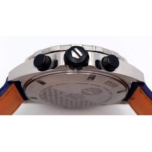 26 - A Tag Heuer Gulf Special Edition Chromograph Quartz Gents Watch. Model - CAZ101N. Blue fabric and le... 
