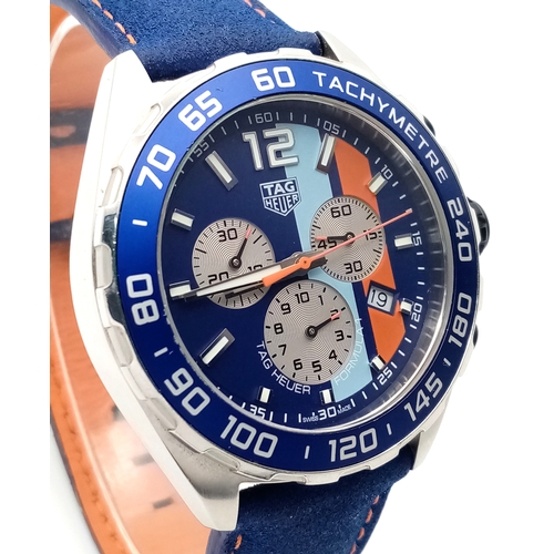 26 - A Tag Heuer Gulf Special Edition Chromograph Quartz Gents Watch. Model - CAZ101N. Blue fabric and le... 