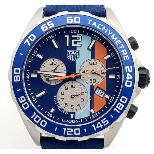 26 - A Tag Heuer Gulf Special Edition Chromograph Quartz Gents Watch. Model - CAZ101N. Blue fabric and le... 