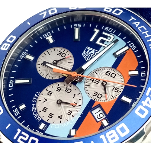 26 - A Tag Heuer Gulf Special Edition Chromograph Quartz Gents Watch. Model - CAZ101N. Blue fabric and le... 