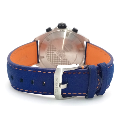 26 - A Tag Heuer Gulf Special Edition Chromograph Quartz Gents Watch. Model - CAZ101N. Blue fabric and le... 