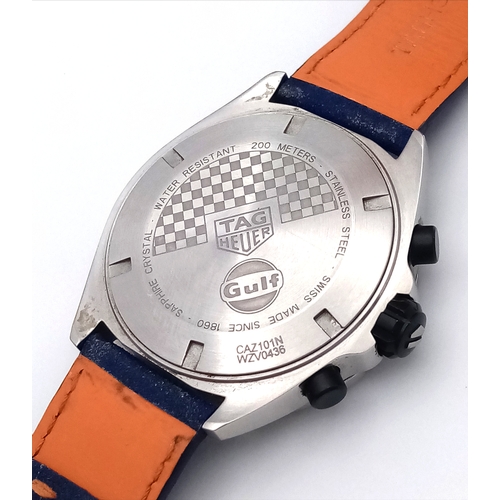 26 - A Tag Heuer Gulf Special Edition Chromograph Quartz Gents Watch. Model - CAZ101N. Blue fabric and le... 