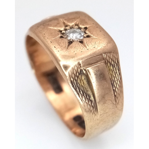 32 - A Vintage 9K Gold Diamond Star Set Signet Ring. Size L. 3.85g. 0.10ct.