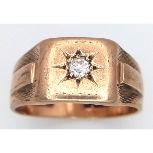 32 - A Vintage 9K Gold Diamond Star Set Signet Ring. Size L. 3.85g. 0.10ct.