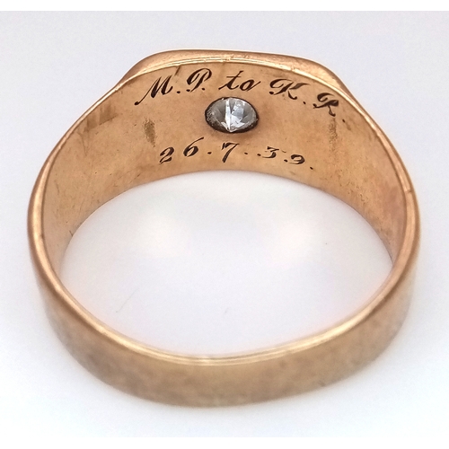 32 - A Vintage 9K Gold Diamond Star Set Signet Ring. Size L. 3.85g. 0.10ct.
