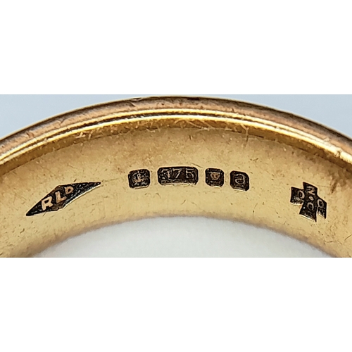 37 - A Vintage 9K Yellow Gold Band Ring. 6mm width. Size L 1/2. 6.3g.