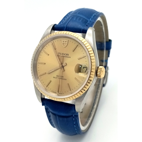 78 - A Tudor Prince Oysterdate Gents Automatic Watch. Blue leather strap. Stainless steel case - 34mm. Go... 