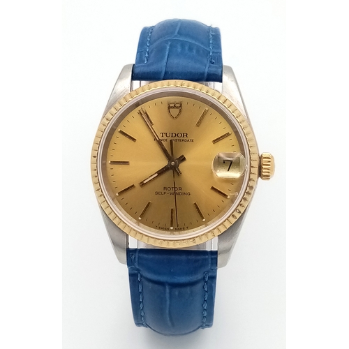 78 - A Tudor Prince Oysterdate Gents Automatic Watch. Blue leather strap. Stainless steel case - 34mm. Go... 