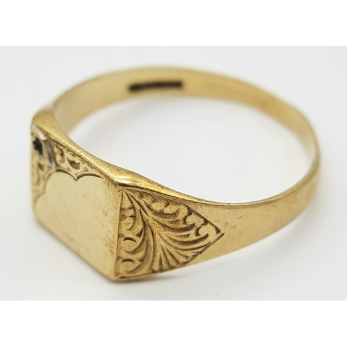 80 - A 9K Yellow Gold Signet Ring. Size V. 3.35g. Small stone missing so as found.