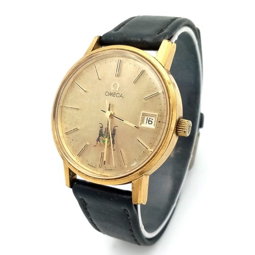 92 - A Vintage Omega Seamaster watch with a South African Antelope Crest on Dial. Black leather strap. Tw... 