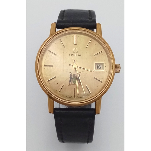 92 - A Vintage Omega Seamaster watch with a South African Antelope Crest on Dial. Black leather strap. Tw... 