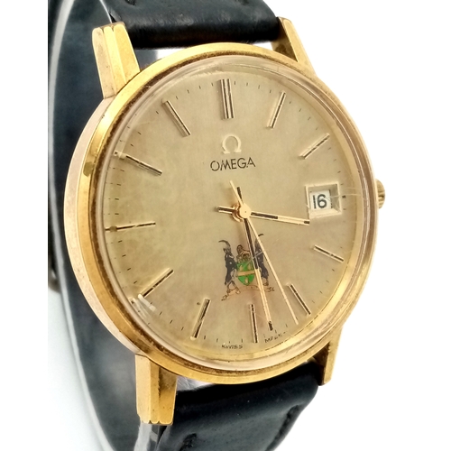 92 - A Vintage Omega Seamaster watch with a South African Antelope Crest on Dial. Black leather strap. Tw... 