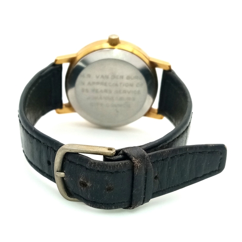 92 - A Vintage Omega Seamaster watch with a South African Antelope Crest on Dial. Black leather strap. Tw... 