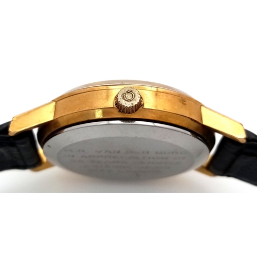 92 - A Vintage Omega Seamaster watch with a South African Antelope Crest on Dial. Black leather strap. Tw... 