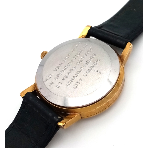 92 - A Vintage Omega Seamaster watch with a South African Antelope Crest on Dial. Black leather strap. Tw... 