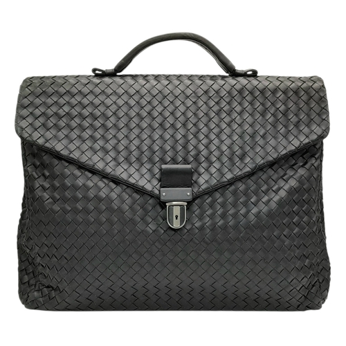 187 - A Bottega Veneta Black Intrecciato Leather Briefcase. Black leather exterior with silver-tone hardwa... 