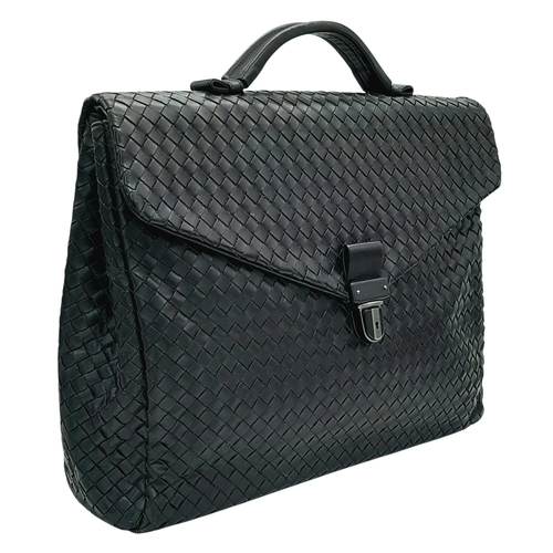 187 - A Bottega Veneta Black Intrecciato Leather Briefcase. Black leather exterior with silver-tone hardwa... 