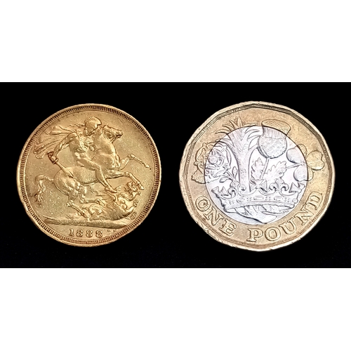 503 - AN 1888, QUEEN VICTORIA, SYDNEY MINT, JUBILEE HEAD, FULL SOVEREIGN COIN. 22K GOLD. C 4007