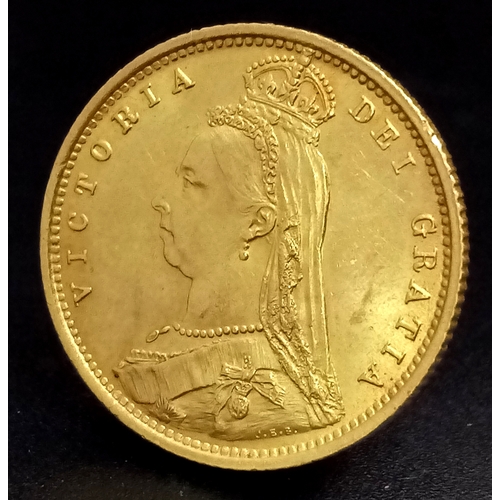 517 - AN 1887, QUEEN VICTORIA, SHIELD BACK, DOT ON SHIELD, JUBILEE HEAD, HALF SOVEREIGN COIN. 22K GOLD. 97... 