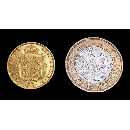 517 - AN 1887, QUEEN VICTORIA, SHIELD BACK, DOT ON SHIELD, JUBILEE HEAD, HALF SOVEREIGN COIN. 22K GOLD. 97... 