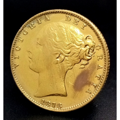 524 - AN 1878, QUEEN VICTORIA, SHIELD BACK, SYDNEY MINT, FULL SOVEREIGN COIN. 22K GOLD. 10080.