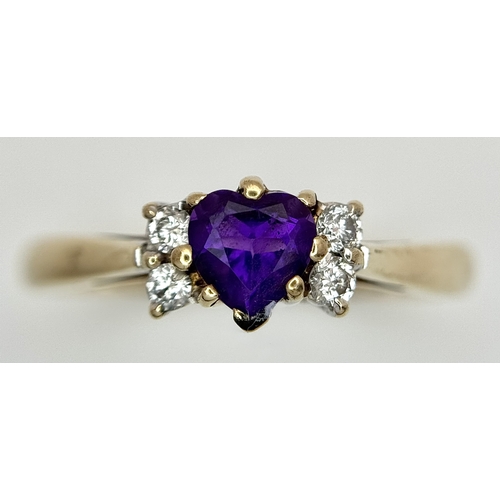 545 - A 9K YELLOW GOLD, DIAMOND AND HEART SHAPED AMETHYST RING. 2.3G, SIZE Q. SC 4004