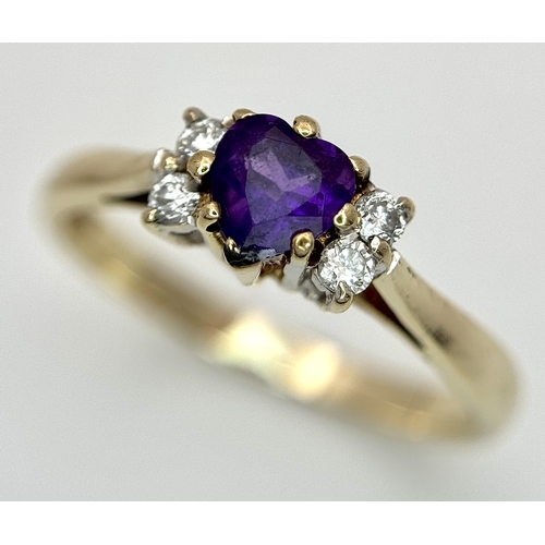 545 - A 9K YELLOW GOLD, DIAMOND AND HEART SHAPED AMETHYST RING. 2.3G, SIZE Q. SC 4004