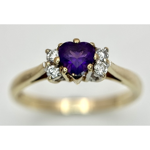 545 - A 9K YELLOW GOLD, DIAMOND AND HEART SHAPED AMETHYST RING. 2.3G, SIZE Q. SC 4004