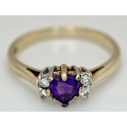 545 - A 9K YELLOW GOLD, DIAMOND AND HEART SHAPED AMETHYST RING. 2.3G, SIZE Q. SC 4004