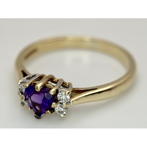 545 - A 9K YELLOW GOLD, DIAMOND AND HEART SHAPED AMETHYST RING. 2.3G, SIZE Q. SC 4004