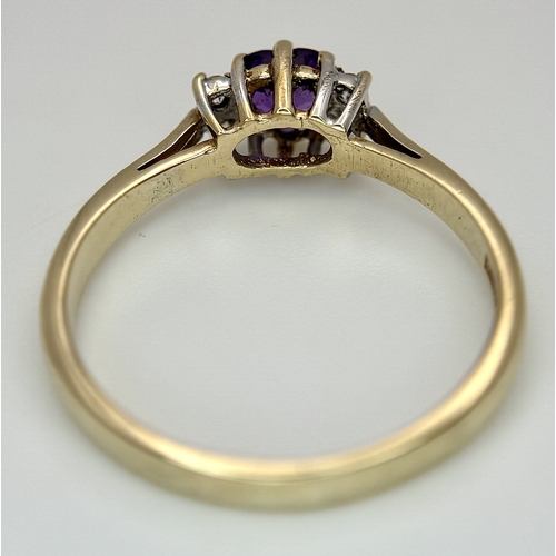 545 - A 9K YELLOW GOLD, DIAMOND AND HEART SHAPED AMETHYST RING. 2.3G, SIZE Q. SC 4004