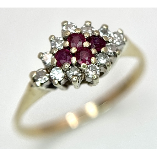 552 - A 9K YELLOW GOLD, DIAMOND AND RUBY RING. 1.5G, SIZE K. SC 4003