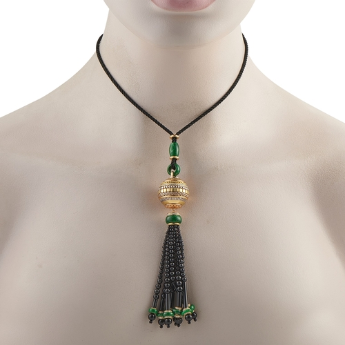 1059 - A Cicada 18K Yellow Gold 2.75ct Diamond, Jade, and Onyx Tassel Pendant Necklace, featuring a dramati... 