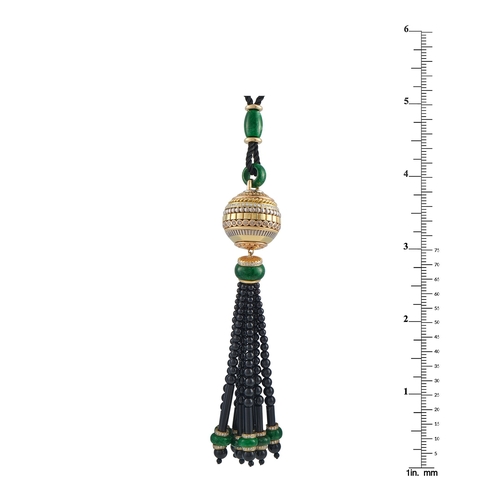 1059 - A Cicada 18K Yellow Gold 2.75ct Diamond, Jade, and Onyx Tassel Pendant Necklace, featuring a dramati... 