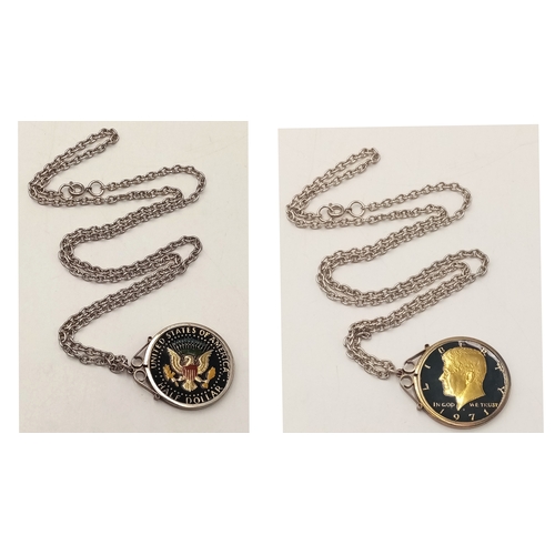 1025 - A 1971 Painted USA Half Dollar and 1976 One Dollar Coin - Both mounted on white metal chains.