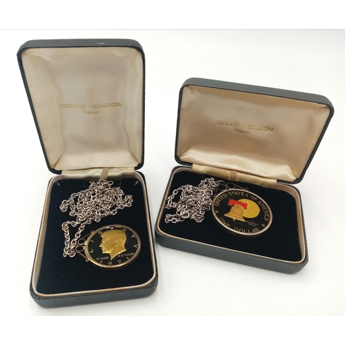 1025 - A 1971 Painted USA Half Dollar and 1976 One Dollar Coin - Both mounted on white metal chains.