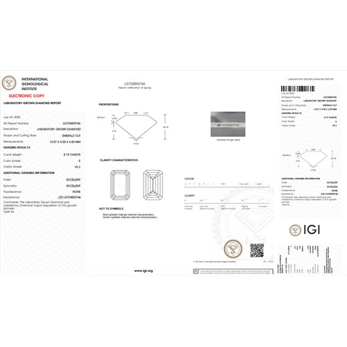 536 - A 8.19ct Emerald Cut Lab-Grown Diamond. Colour E, clarity VS2. IGI certified. Cert no: LG724503746. ... 