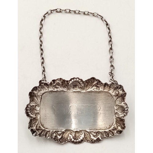 518 - Hallmarked Vintage SILVER DECANTER LABEL for ‘SHERRY’. Having attractive ornate surround with Shell ... 