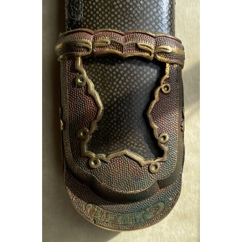 875 - A Late Shin-Shinto Japanese Sword and leather scabbard cover. A late Shin-shinto katana signed Kashu... 
