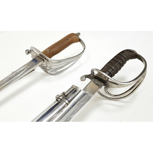 854 - Two Vintage British Army Swords with Metal Scabbards. Broad arrow (India) mark on shorter sword and ... 