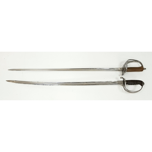 854 - Two Vintage British Army Swords with Metal Scabbards. Broad arrow (India) mark on shorter sword and ... 
