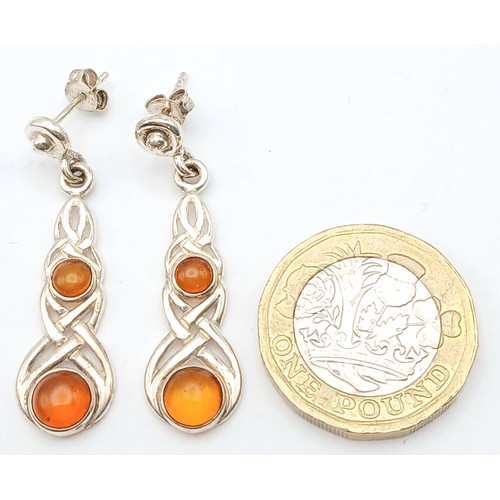 1056 - A Pretty Pair of Vintage, Celtic Design, Amber Set Sterling Silver Earrings, 3.6cm Length.