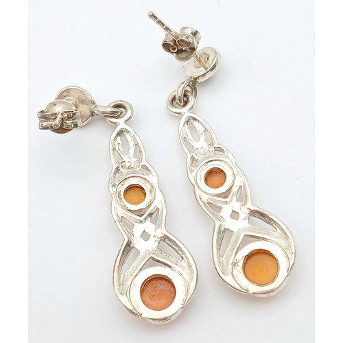 1056 - A Pretty Pair of Vintage, Celtic Design, Amber Set Sterling Silver Earrings, 3.6cm Length.