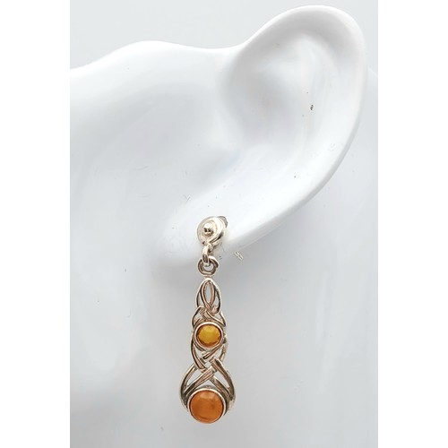 1056 - A Pretty Pair of Vintage, Celtic Design, Amber Set Sterling Silver Earrings, 3.6cm Length.