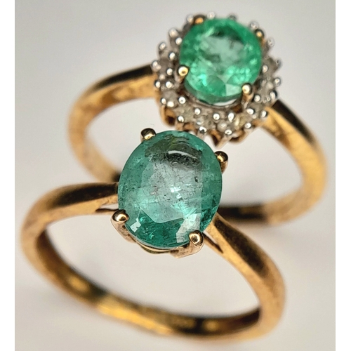 1033 - 2X 925 gilded silver Green stone set solitaire rings. Total weight 3.4G. Size K.