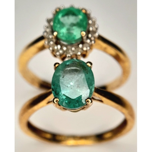 1033 - 2X 925 gilded silver Green stone set solitaire rings. Total weight 3.4G. Size K.