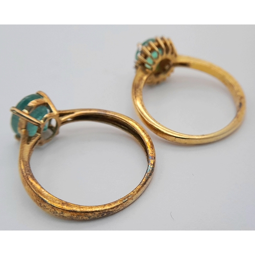 1033 - 2X 925 gilded silver Green stone set solitaire rings. Total weight 3.4G. Size K.