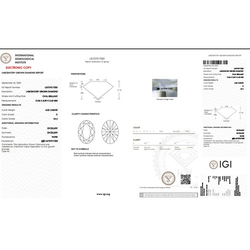 522 - A 4.02ct Oval Brilliant Cut Lab-Grown Diamond. Colour D, clarity VS2. IGI certified. Cert no: LG7375... 
