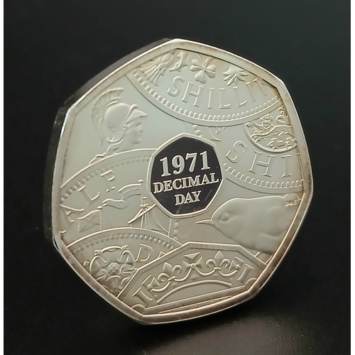1058 - A Royal Mint Sterling Silver Proof 50p Coin. Commemorating the 50th anniversary of decimal day. Come... 